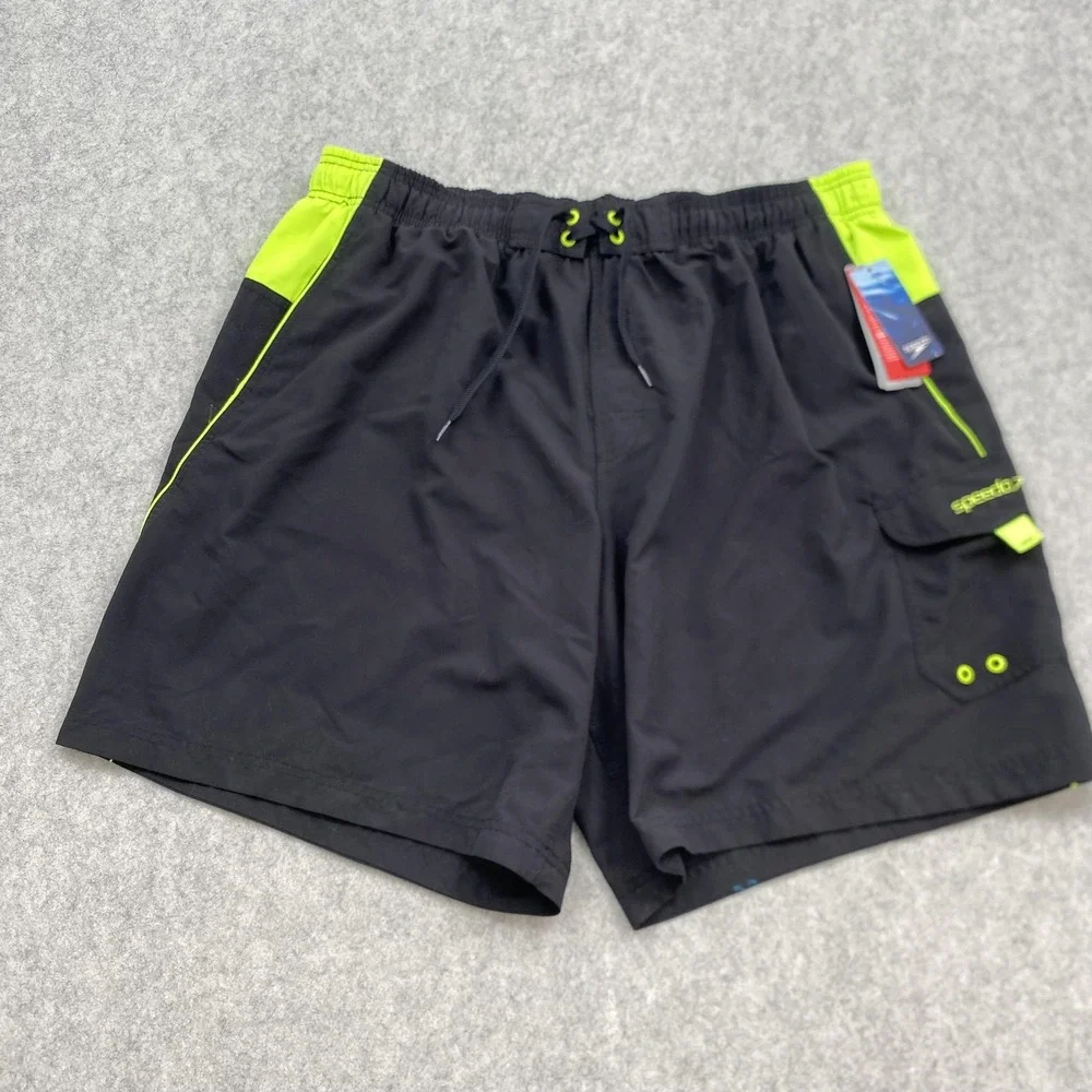 Speedo Swim Trunks Mens 2XL Black Neon Green Mesh Lined Drawstring Shorts